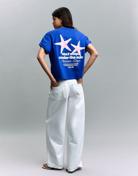 Bershka – Jeansblå t-shirt i oversize med korta ärmar och tryck - view 1