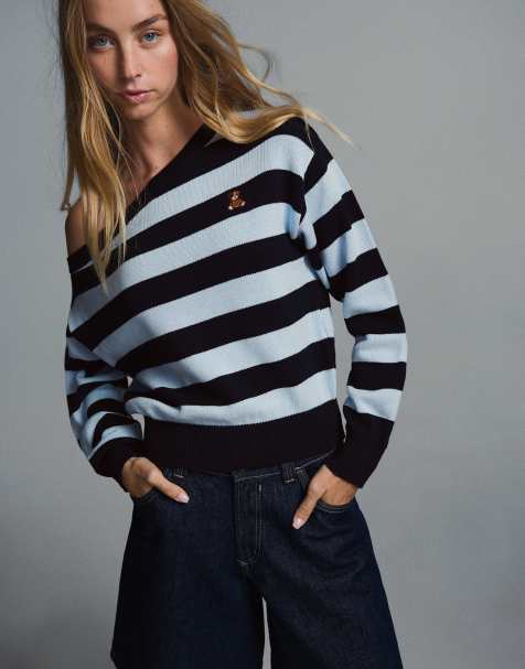Bershka – Jeansblå tröja med båtringning och broderi - view 1