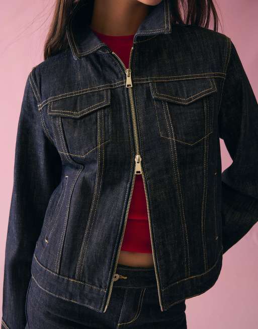 Bershka – Jeansjacke in Blau mit Reißverschluss, 3 von 4