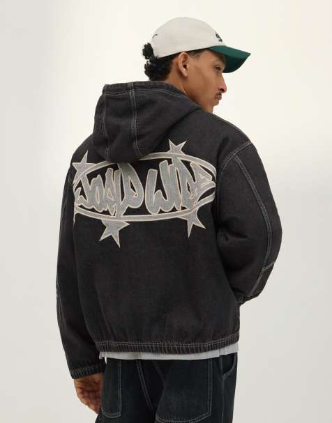 Bershka – Jeansjacke in Schwarz mit Kapuze - view 1