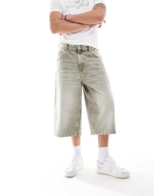Bershka – Jeansowe jortsy super baggy z zielonym zabarwieniem