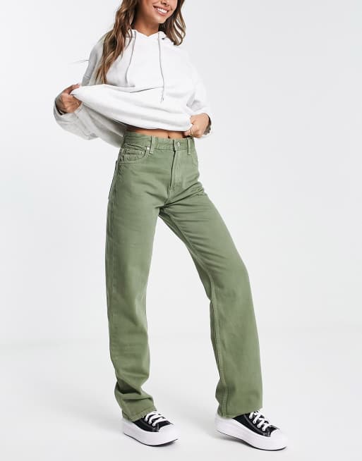 Bershka – Jeansy z prostymi nogawkami w kolorze khaki z efektem sprania w stylu vintage