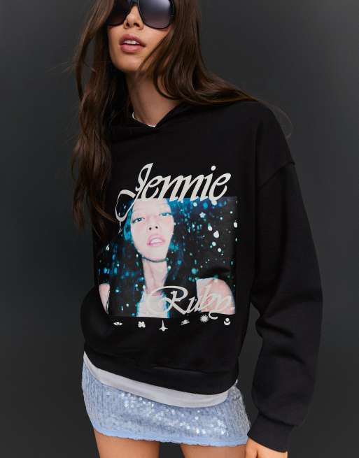 Bershka Jennie ruby print hoodie in black | ASOS