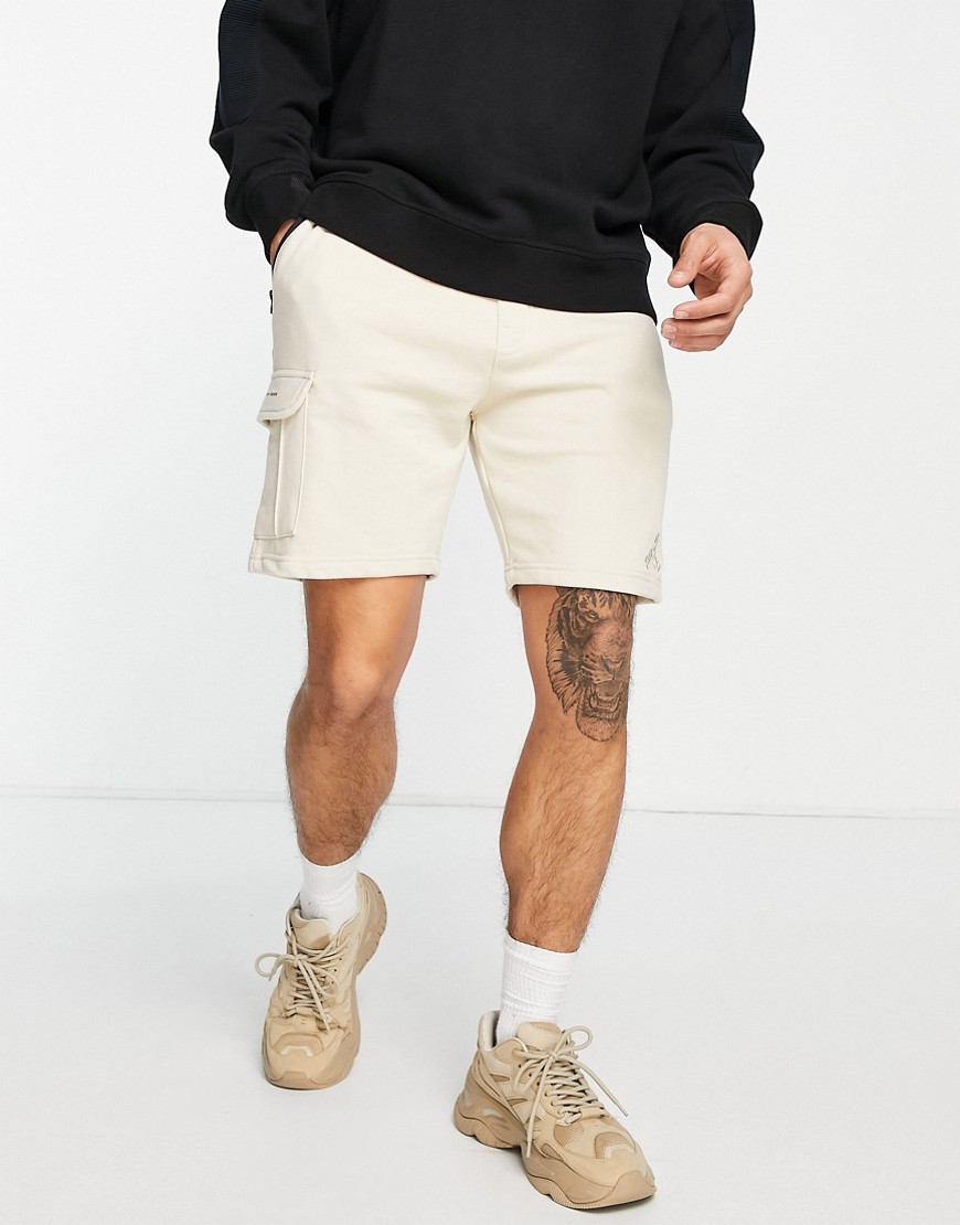 Bershka jersey cargo shorts in cream-Neutral