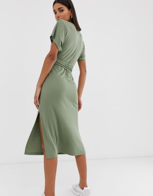 Bershka jersey t shirt dress in khaki 