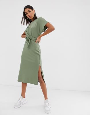 bershka jersey t shirt dress in khaki