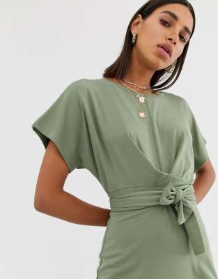 bershka jersey t shirt dress in khaki