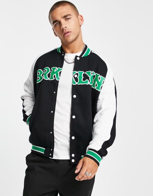 Bershka jersey varsity bomber jacket in black ASOS