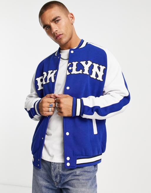 Bershka jersey varsity bomber jacket in blue | ASOS