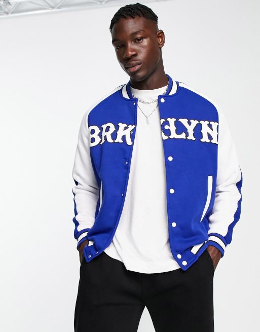 Bershka jersey varsity bomber jacket in blue | ASOS