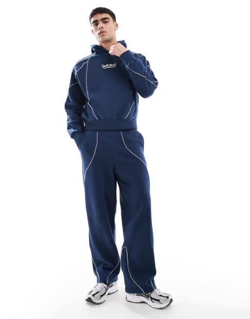 Bershka - Joggingbroek met wijde pijpen en biezen in blauw, deel van co-ord set