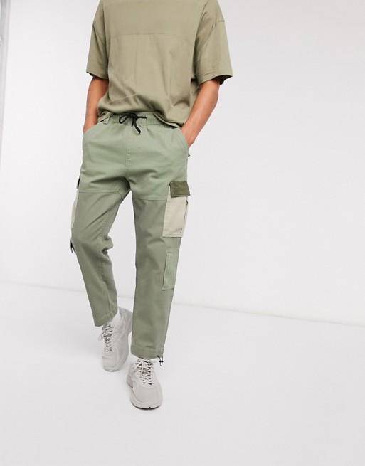 Bershka Join Life denim cargo trousers with contrast pockets in green