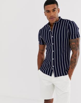 Bershka Join Life jersey short sleeved shirt with grandad collar in navy stripe