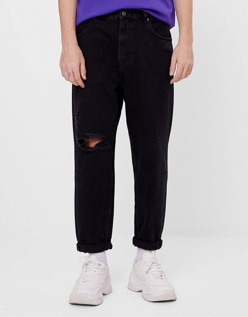 Bershka join life loose fit jeans with rips in black-Gray