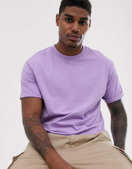 Purple shirt store beige pants