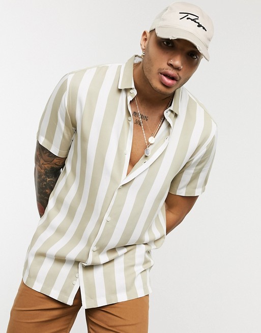 Bershka Join Life short sleeve shirt with vertical stripes in beige