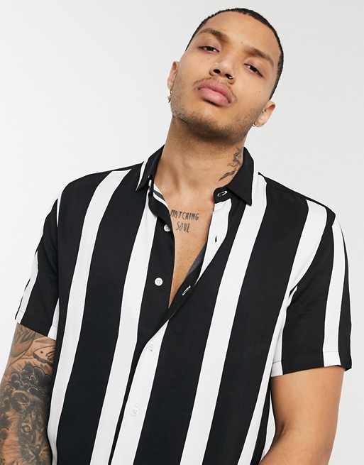 Bershka Join Life short sleeve shirt with vertical stripes in black