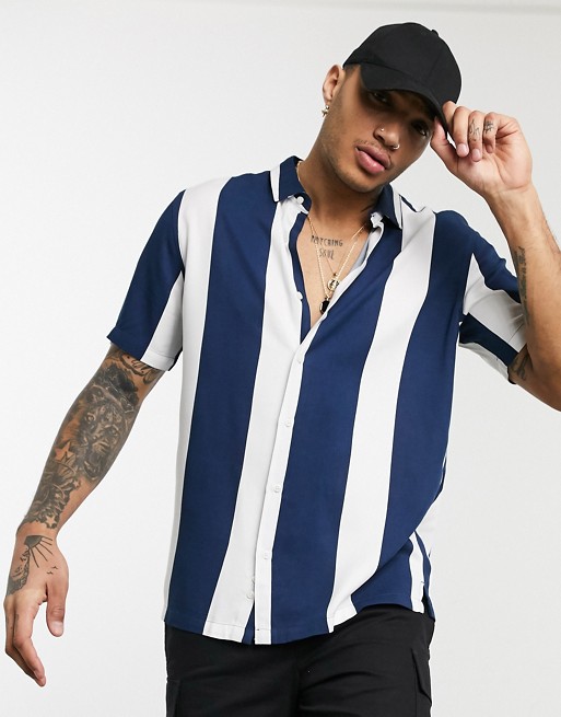 Bershka Join Life short sleeve shirt with vertical stripes in navy