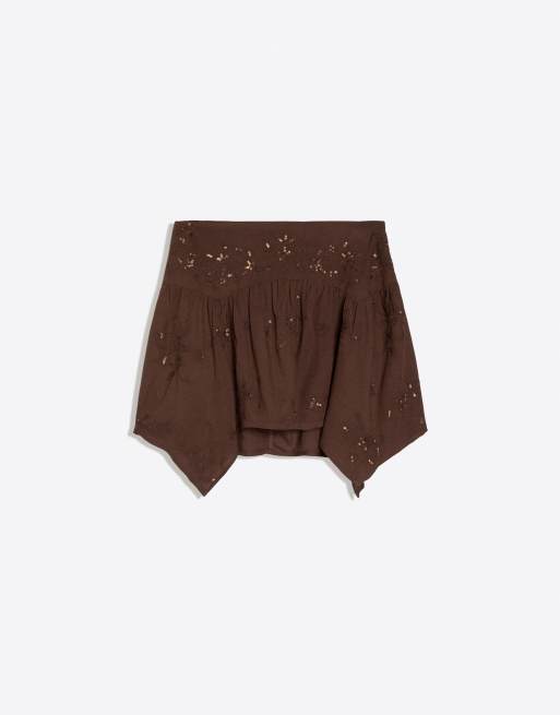 Bershka - Jupe à ourlet mouchoir ornée de broderies - Marron, 4 de 4