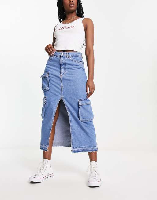 Bershka Jupe cargo midi en jean avec fente devant Bleu clair