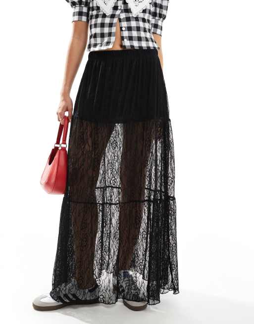Bershka - Jupe longue en dentelle - Noir