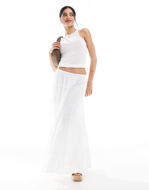 Bershka - Jupe longue en gaze de coton avec volants étagés - Blanc - view 1