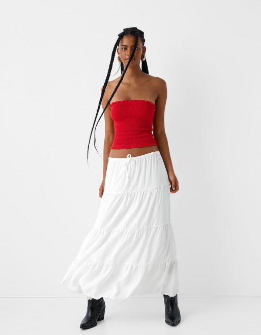 Bershka Jupe longue en lin avec volants etages et lien noue a la taille Blanc