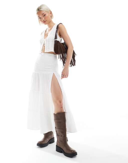 Bershka - Jupe longue étagée avec taille froncée - Blanc, 2 de 5