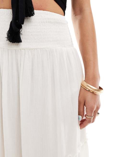 Bershka Jupe longue etagee avec taille froncee Ecru ASOS