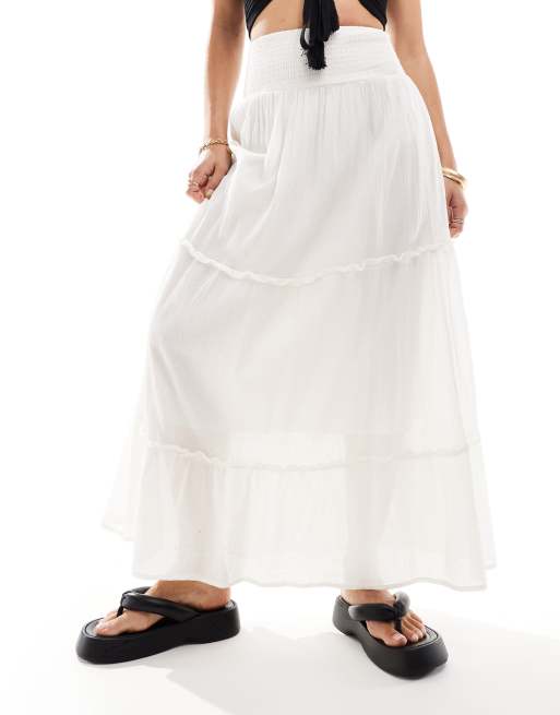 Bershka Jupe longue etagee avec taille froncee Ecru ASOS