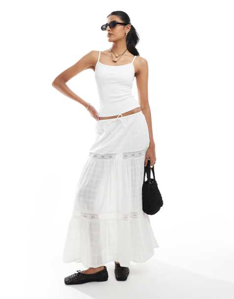Bershka - Jupe longue étagée en dentelle brodée - Blanc - view 1
