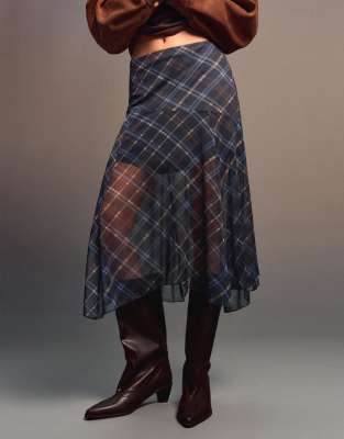 Bershka - Jupe mi-longue asymétrique à carreaux - Bleu marine