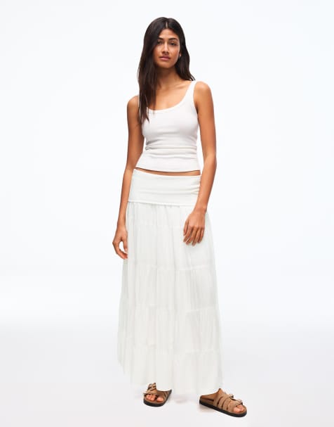 Bershka - Jupe mi-longue avec taille rabattue - Blanc - view 1