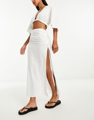 Bershka ruched split side linen midi skirt in white - ASOS Price Checker