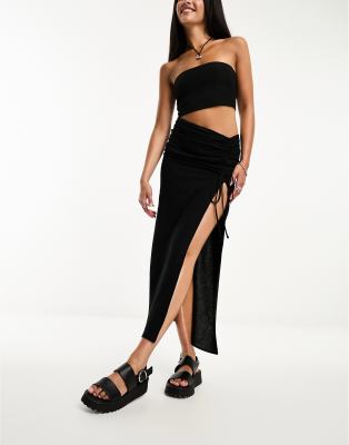 Bershka ruched split side linen midi skirt in black - ASOS Price Checker