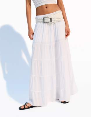 Bershka - Jupe mi-longue froissée - Blanc - view 1