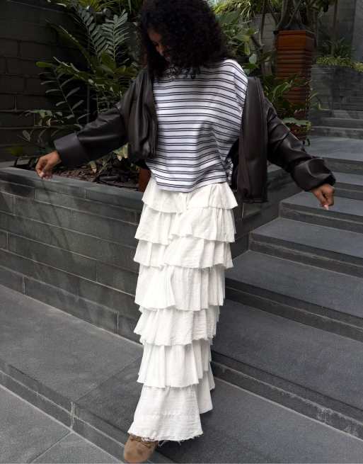 Bershka - Jupe mi-longue style champêtre à volants - Blanc, 4 de 4