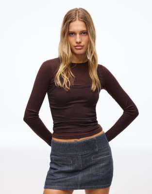 Bershka - Jupe-short en jean à taille haute - Bleu-Bleu marine