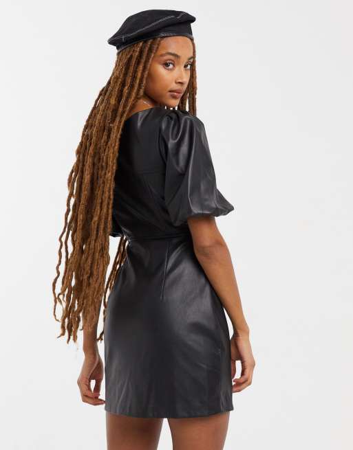 Bershka - Jurk van imitatieleer met pofmouwen in zwart, 2 van 4
