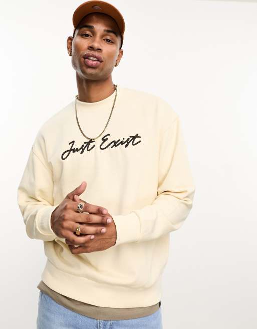 Bershka just exist embroidered sweatshirt in ecru | ASOS