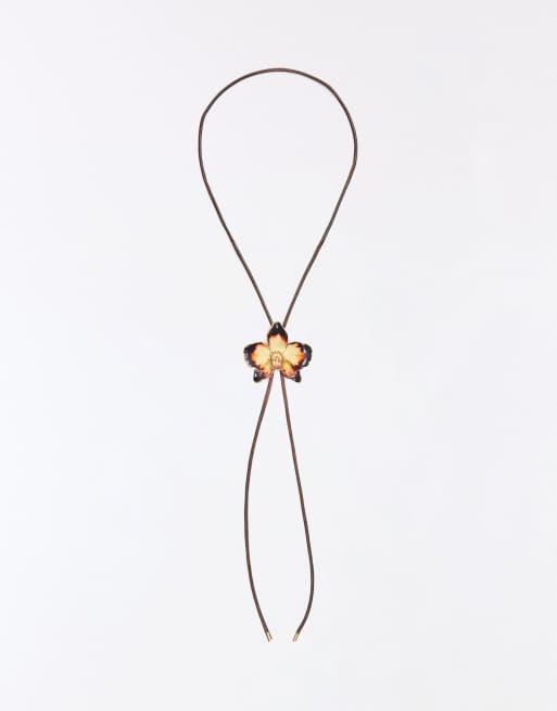 Bershka justerbart halsband med blomma på snöre i gult, 2 av 4