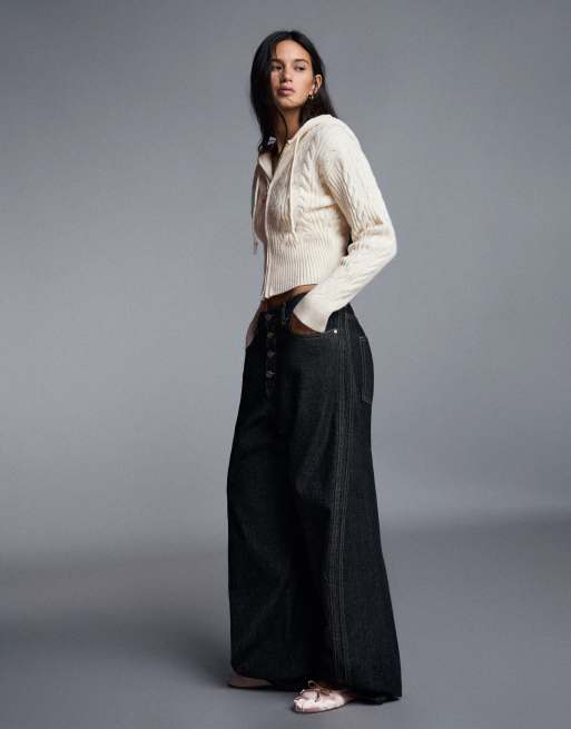 Bershka kabelgebreid jack met capuchon in ecru, 4 van 5