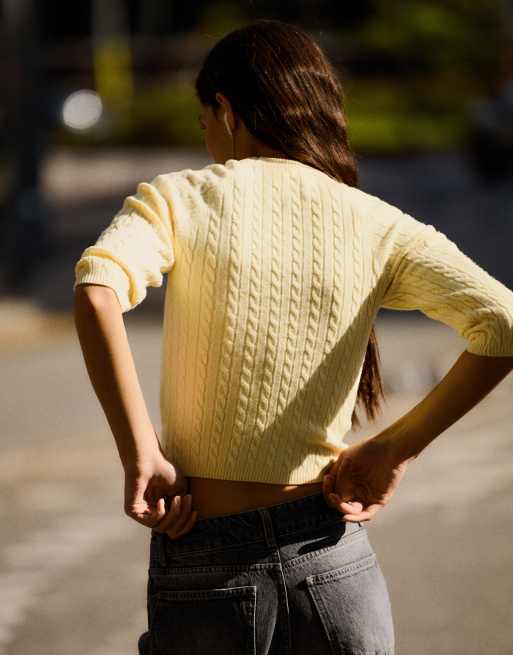 Bershka kabelgebreide trui met ronde hals in geel, 3 van 6