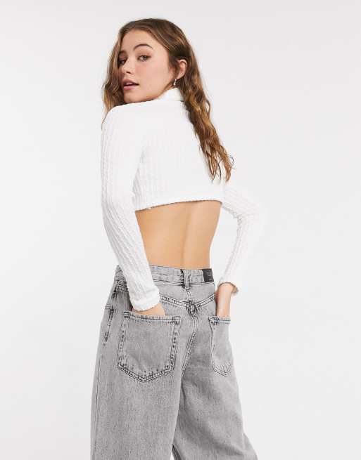 Bershka - Kabelstrikket cropped T-shirt med rullehals i ecru, 2 af 4