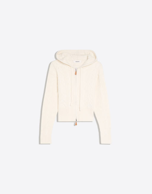Bershka kabelstrikket jakke med hætte i ecru, 5 af 5