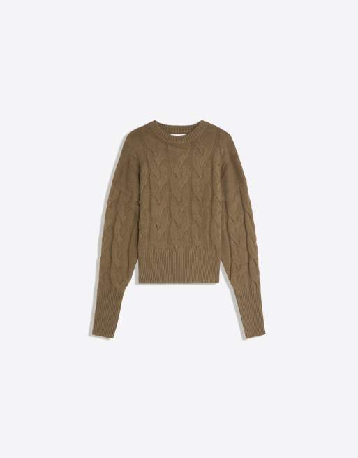 Bershka kabelstrikket trøje med rund hals i khaki, 5 af 5