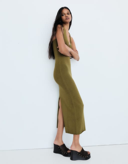 Bershka – Kakifärgad midiklänning med halterneck, 4 av 4