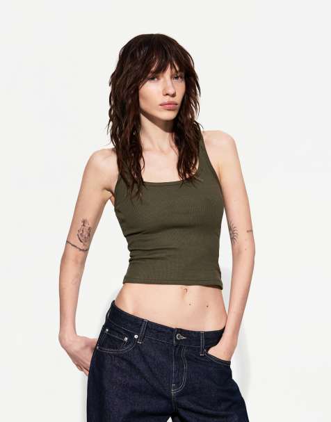 Bershka – Kakifärgad, ribbad, ärmlös t-shirt - view 1