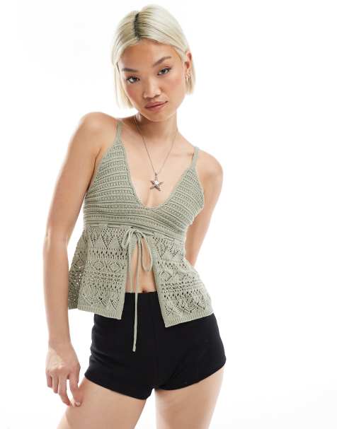 Bershka – Kakifärgad, virkad topp med knytband framtill - view 1
