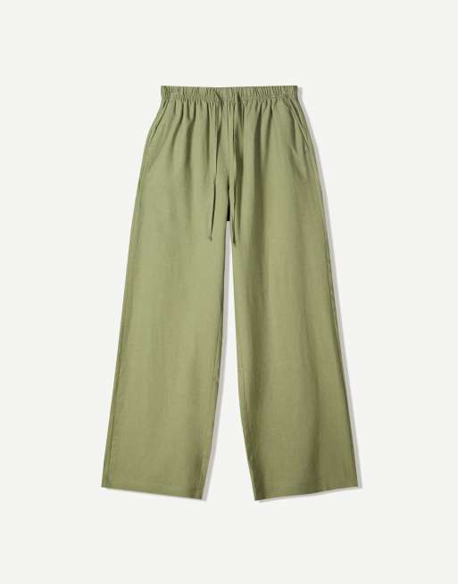 Bershka – Kakifärgade byxor i linnerikt tyg med elastisk midja, 4 av 4